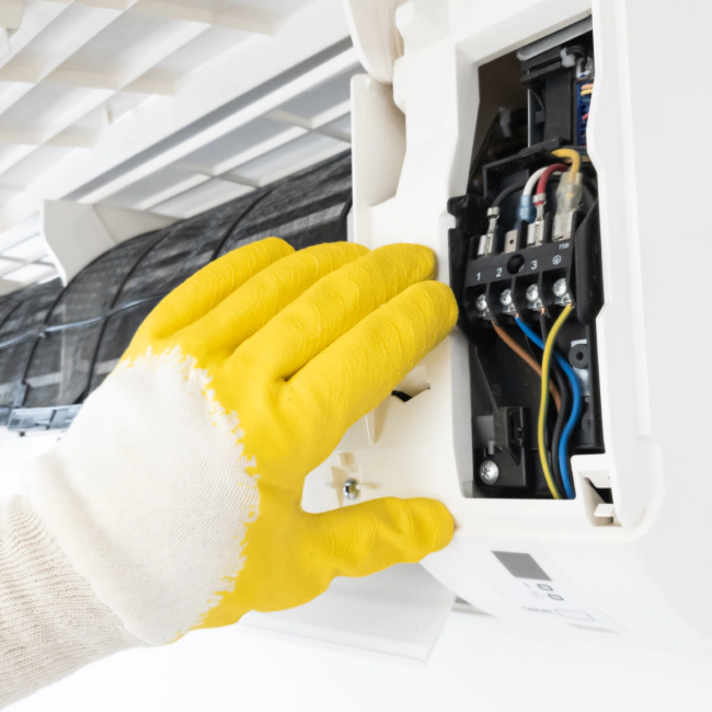 worker with yellow gloves checking a white ac